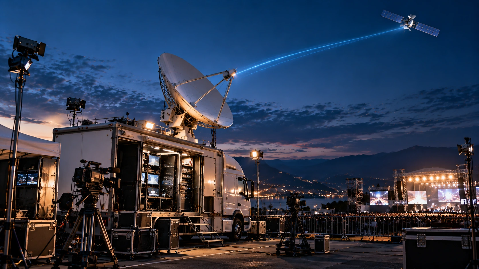 Mobile satellite news gathering uplink environment at a live field production