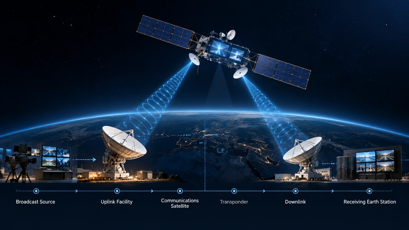 Satellite communication flow from broadcast source through uplink, satellite and downlink